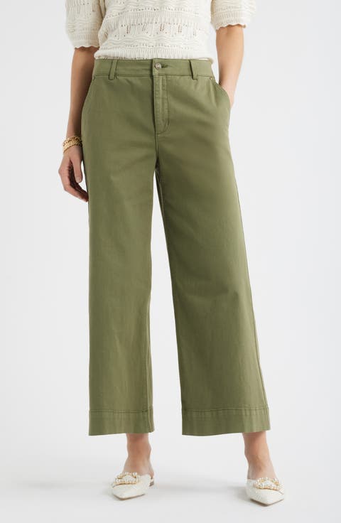 Wide Leg Cotton Stretch Twill Ankle Pants