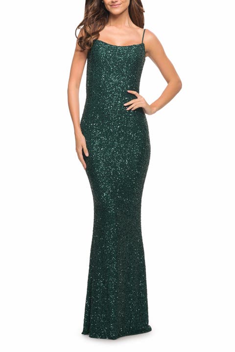 Lovely Long Soft Sequin Dress with Scoop Neck