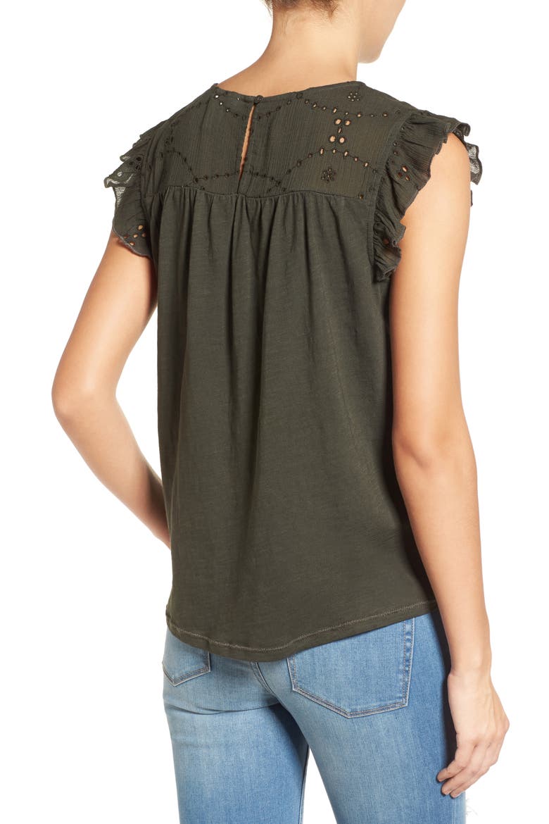 Eyelet Embroidered Flutter Sleeve Top, Alternate, color, OLIVE TUSCAN