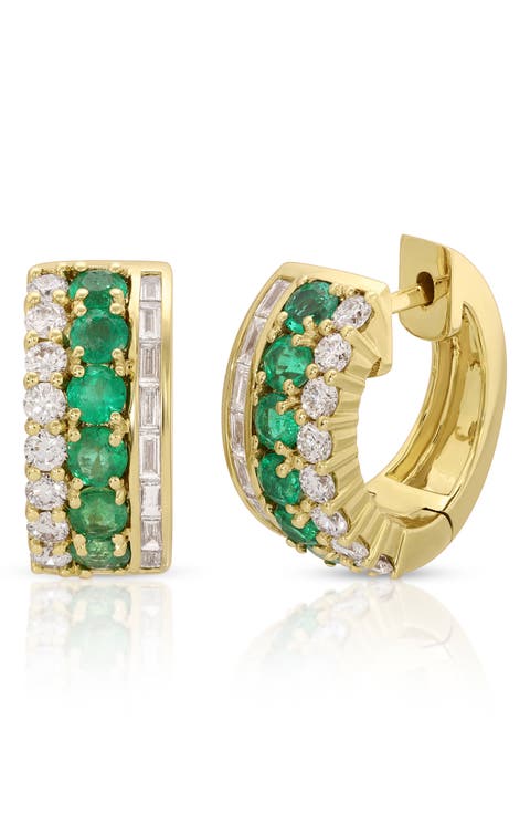 18k Gold Emerald & Diamond Huggie Hoop Earrings
