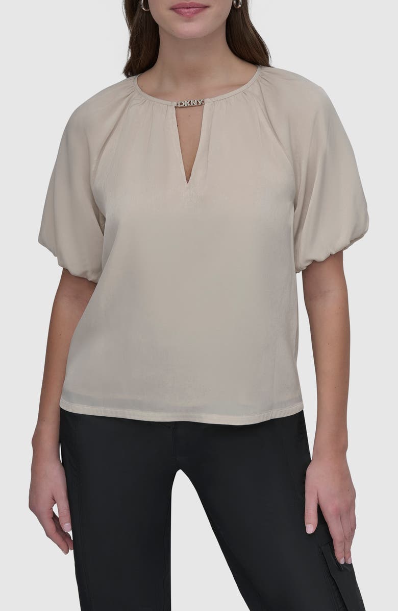 DKNY Logo Puff Sleeve Top, Main, color, Light City Khaki