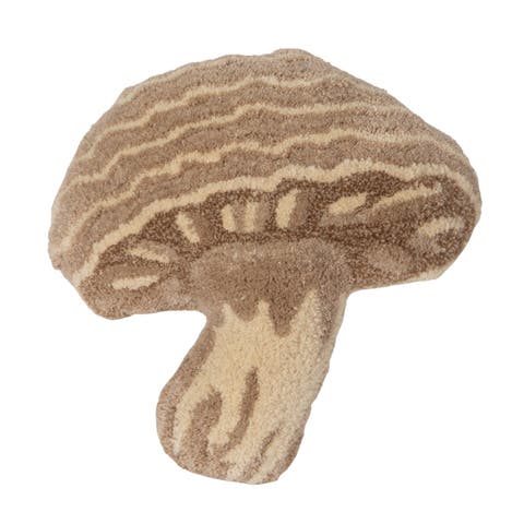 Wool Tufted Mushroom Shaped Pillow, with Cotton Back, Cream Color, Beige and Brown