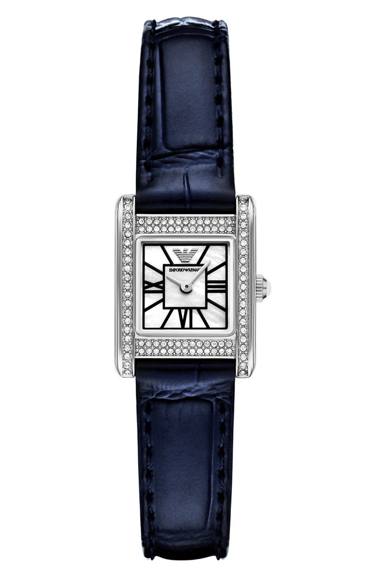 Crystal Bezel Tank Leather Strap Watch, 19mm x 26mm, Main, color, BLUE