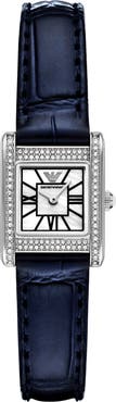 Emporio Armani Crystal Bezel Tank Leather Strap Watch, 19mm x 26mm