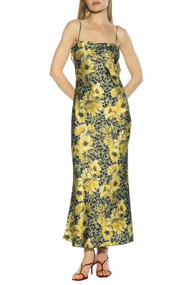 Slo Draped Open Back Satin Maxi Dress, Main, color, GREEN FLORAL