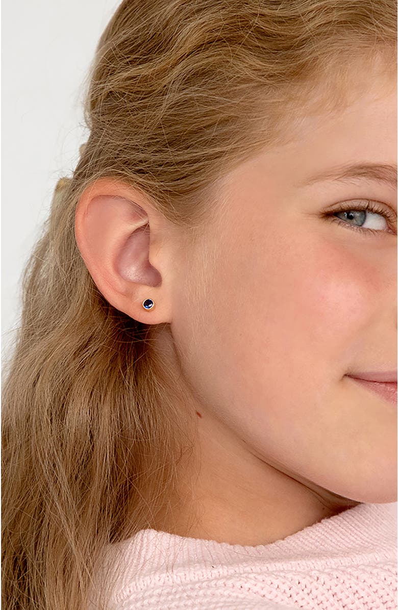 In Season Jewelry 14k Halo Girl Earrings, Alternate, color, Dark Blue