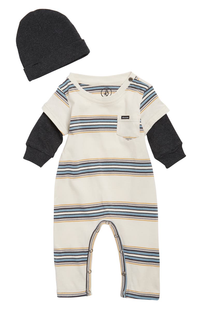 Volcom Stripe Colorblock Cotton Romper & Beanie Set, Main, color,