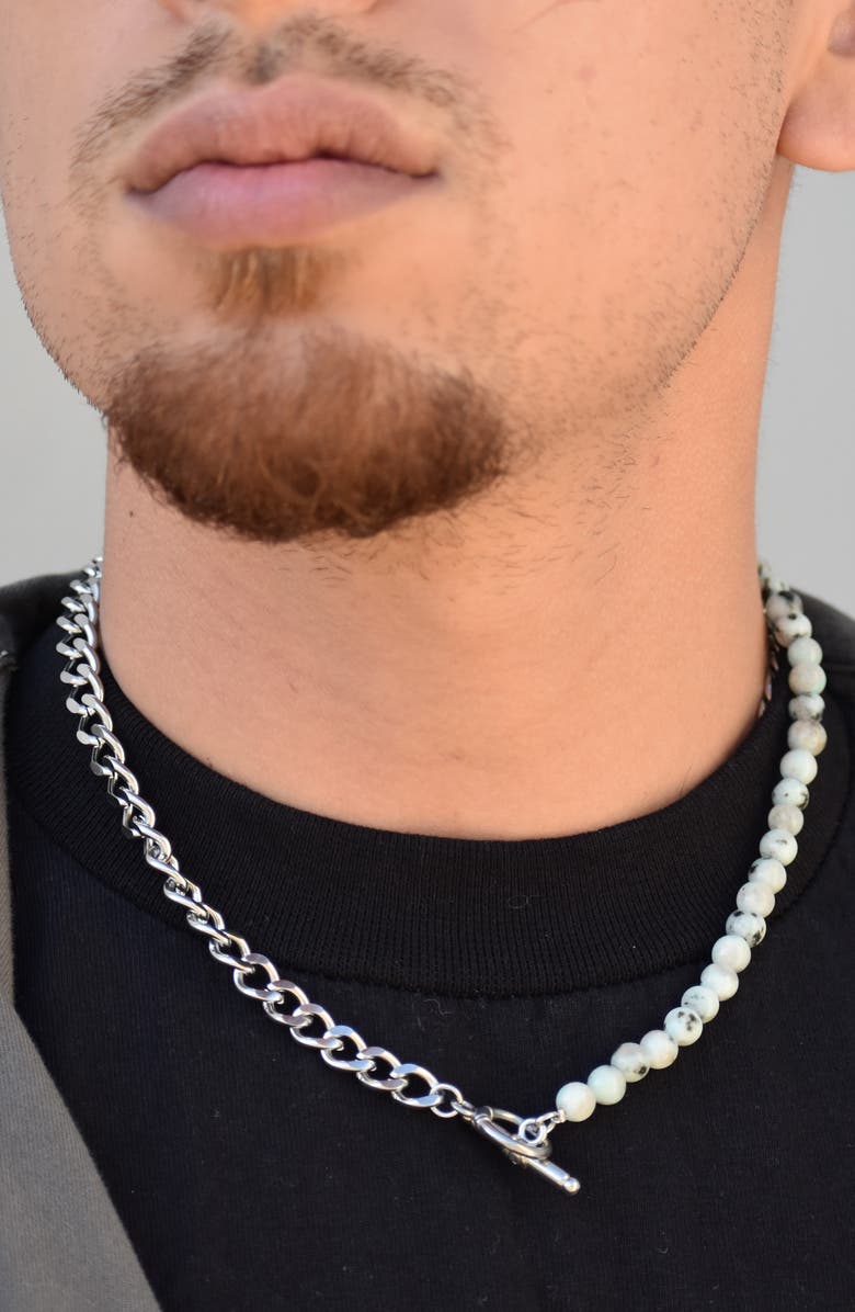 REBL Gender Inclusive Half Cuban Half Beaded Chain Necklace, Alternate, color, Silver/ Gray