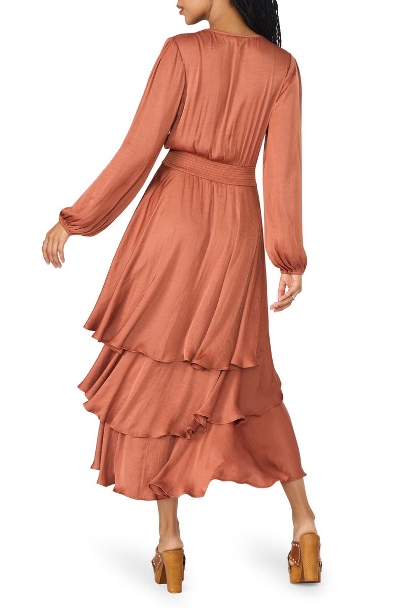 Steve Madden Bei Long Sleeve Tiered Satin Midi Dress, Alternate, color, Copper Brown