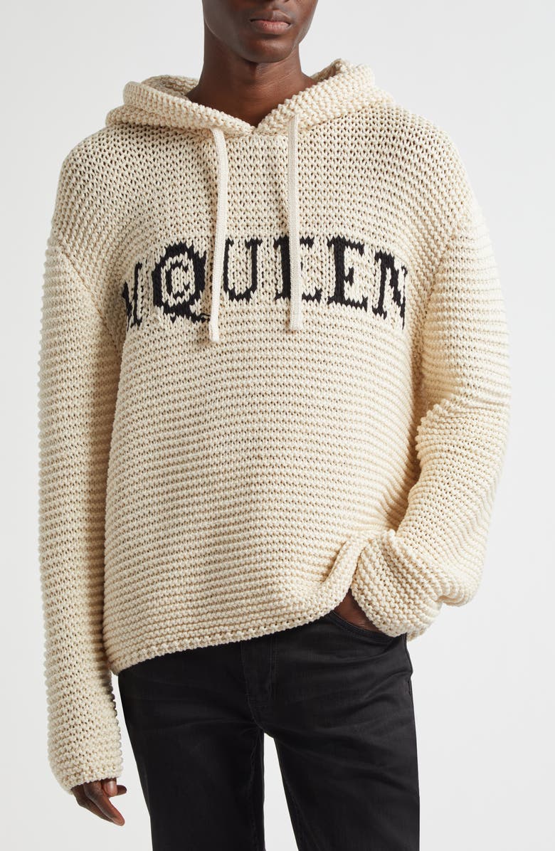 McQueen Logo Crop Hoodie, Main, color, Ivory/ Black