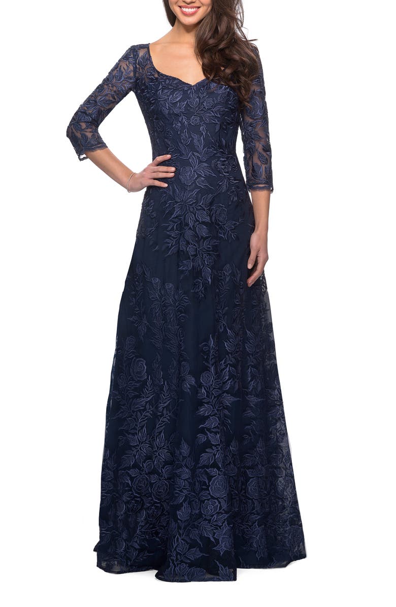 La Femme Long Lace A-line Three Quarter Sleeve Gown, Main, color, Navy