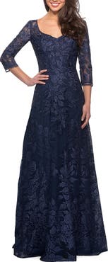 La Femme Long Lace A-line Three Quarter Sleeve Gown