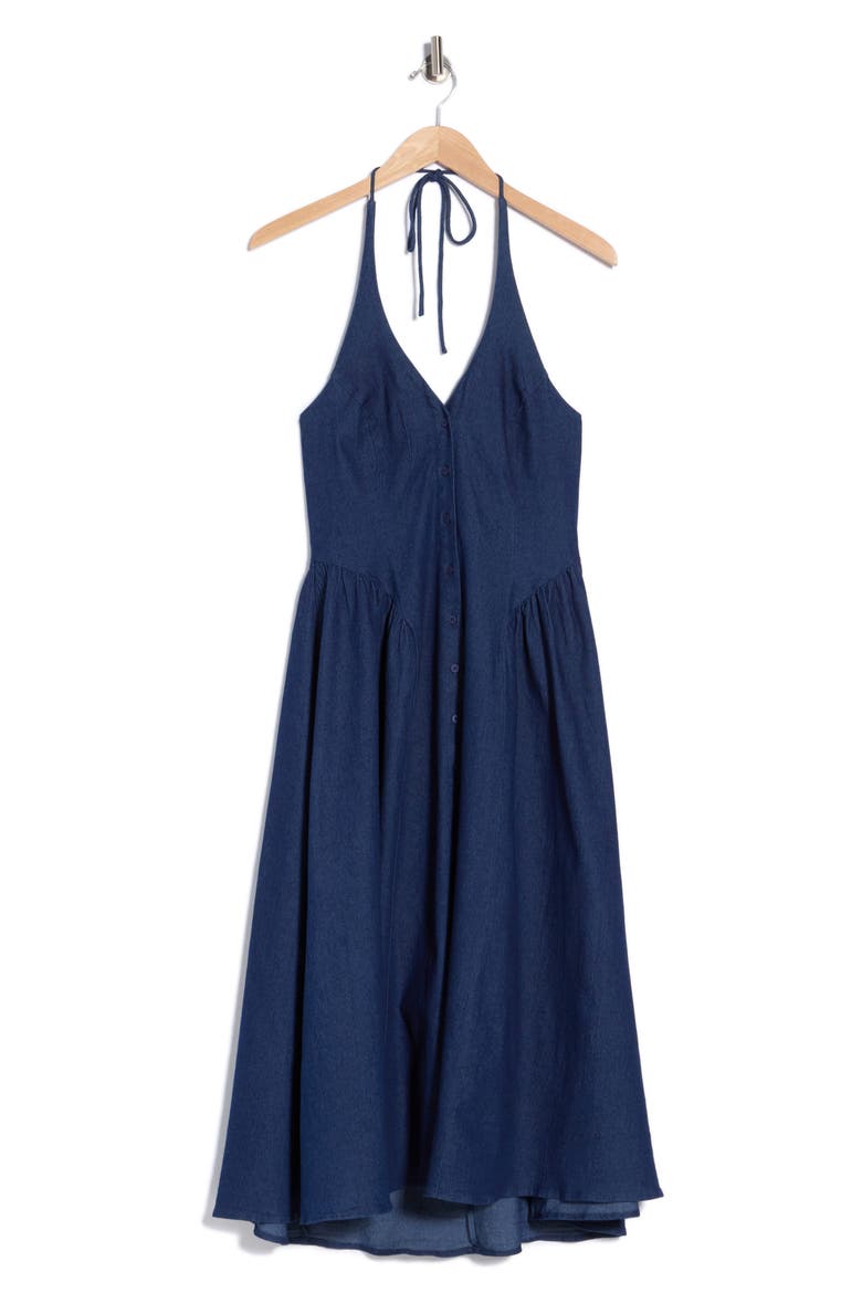 Halter Neck Button Front Fit and Flare Midi Dress, Main, color, DENIM