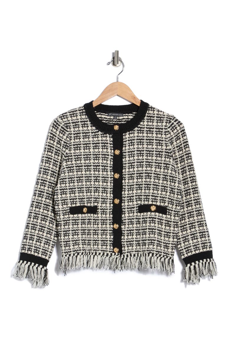 Tweed Fringe Cardigan, Main, color, BLACK/ CREAM