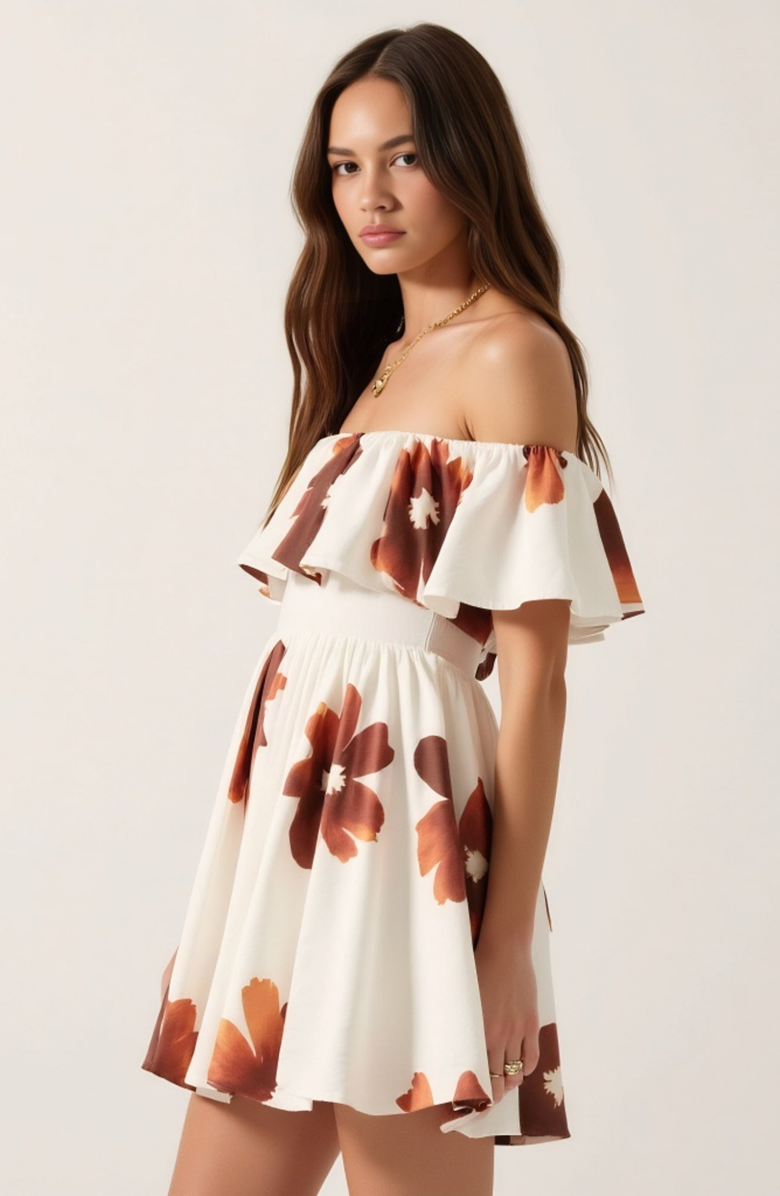 Modenaire Off-the-Shoulder Floral Ruffled Flared Mini Dress, Alternate, color, White / Brown Floral