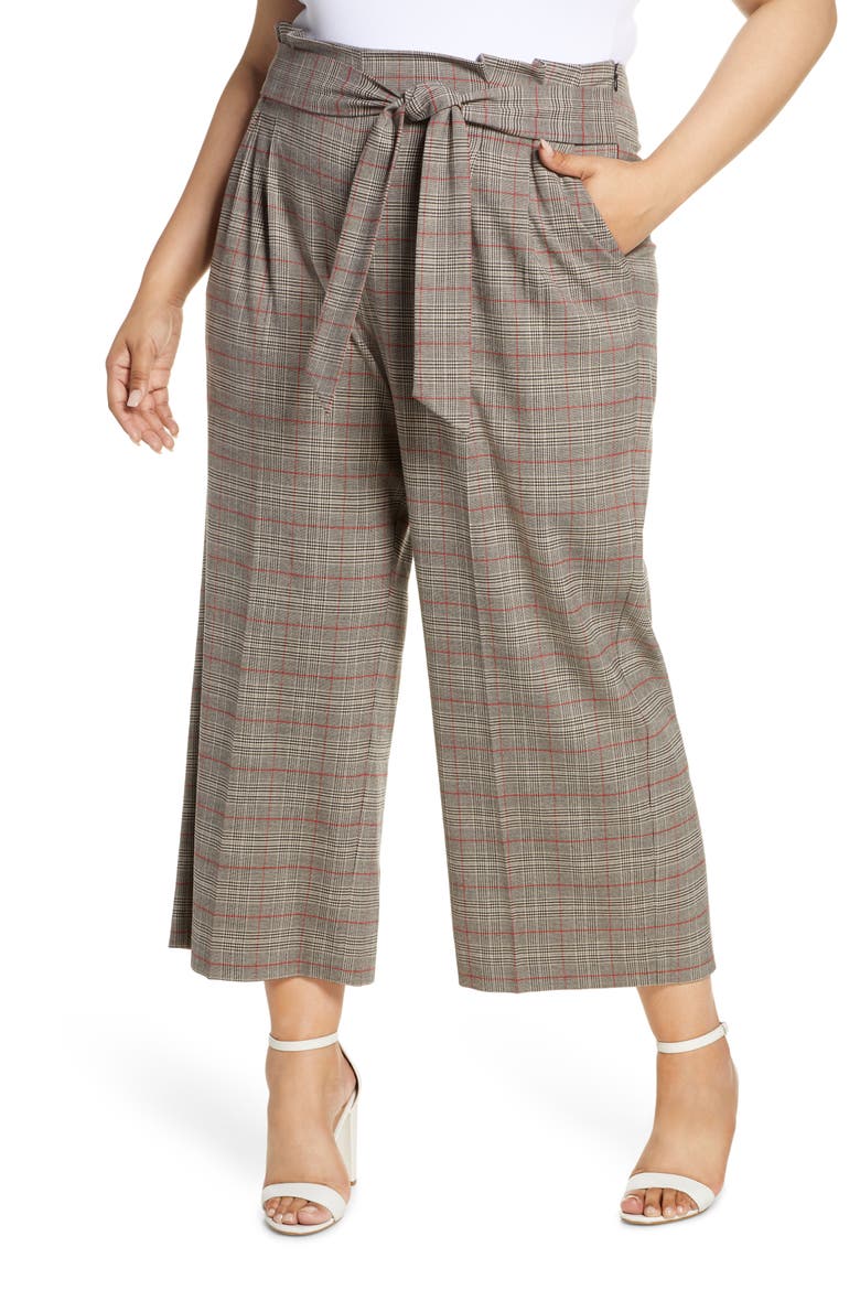 Acoustic Plaid Paperbag Waist Crop Pants, Main, color, RICH BLACK