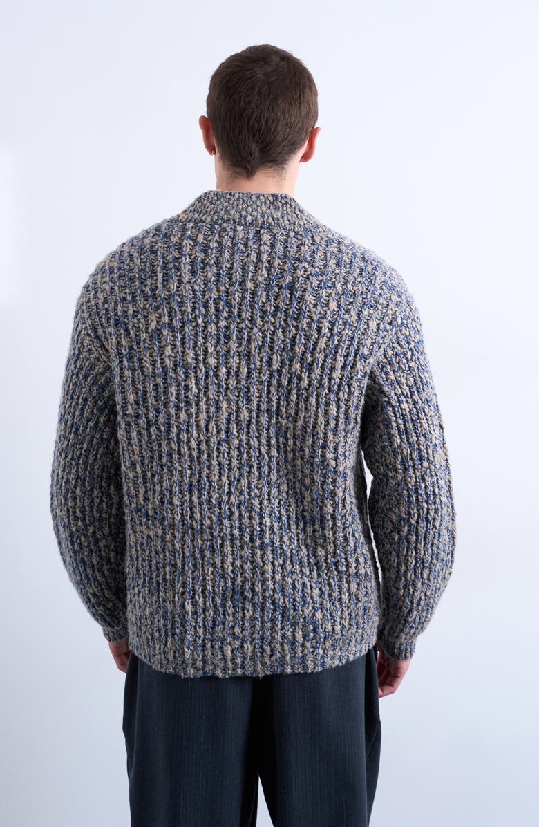 Topman Marled Chunky V-Neck Cardigan, Alternate, color, Navy