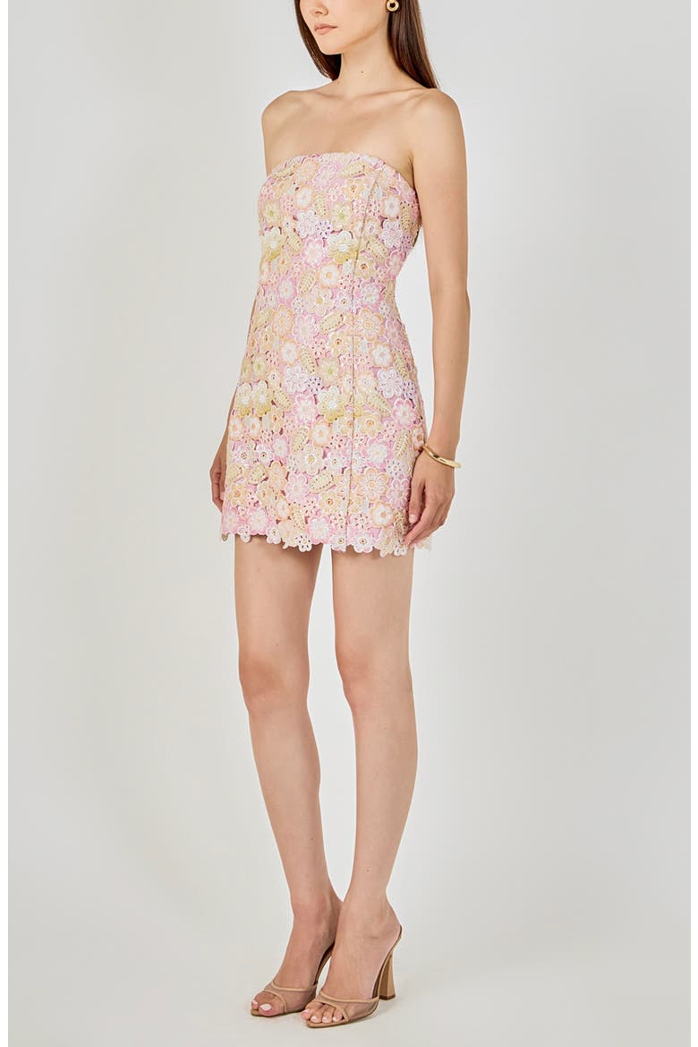 Floral Rhinestone Lace Strapless Minidress, Alternate, color, PINK MULTI COLOR