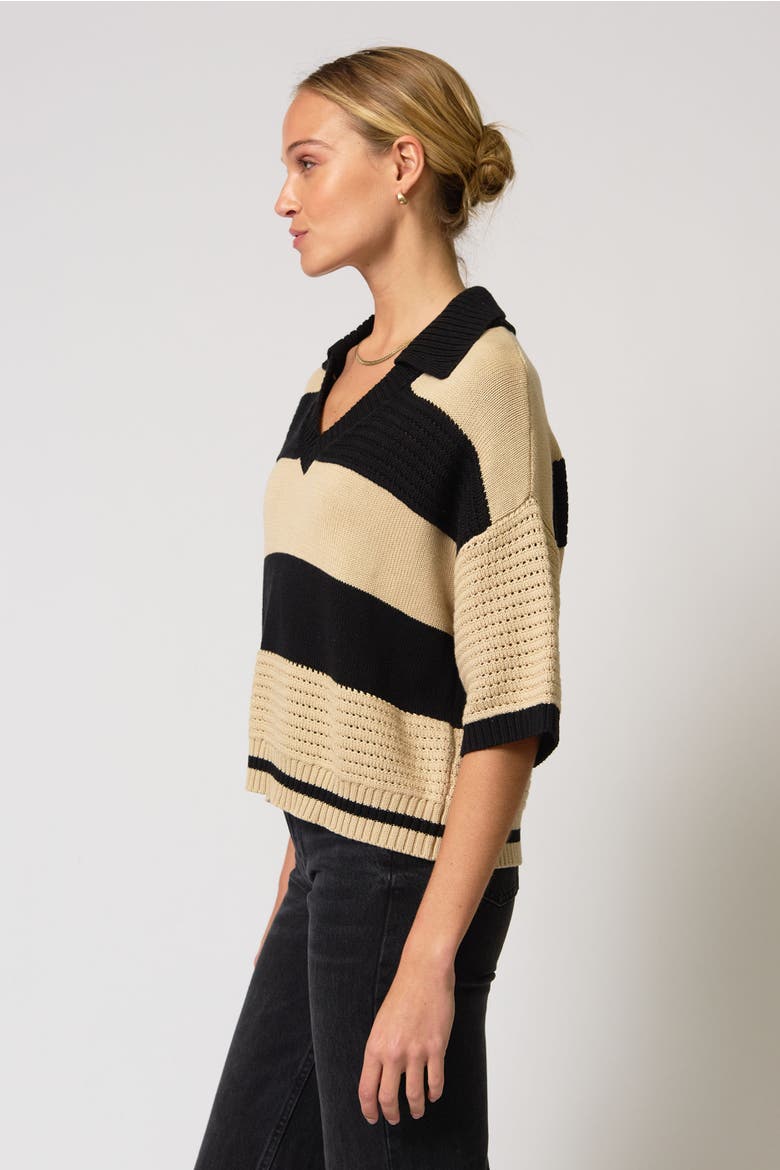 Dean Mixed Stitch Rugby Sweater, Alternate, color, Black/Beige