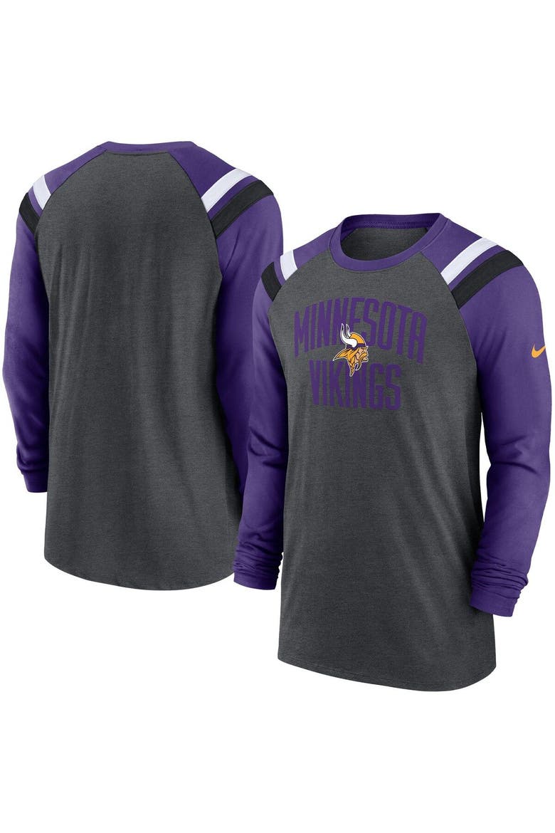 Men's Nike Heathered Charcoal/Purple Minnesota Vikings Tri-Blend Raglan Athletic Long Sleeve Fashion T-Shirt, Main, color, Heather Charcoal