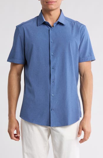 Soul Of London Microfiber Stretch Short Sleeve Button-down Shirt In Blue