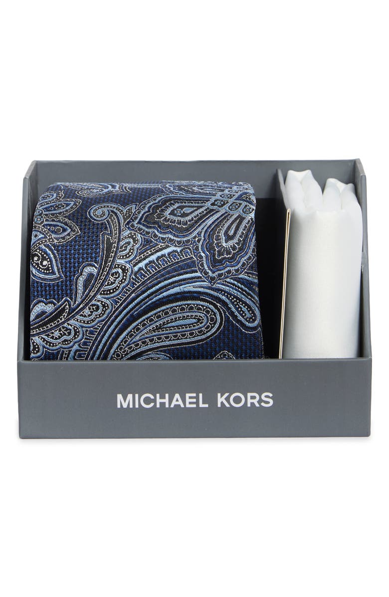 Michael Kors Rich Paisley Tie & Pocket Square Set, Main, color, Navy