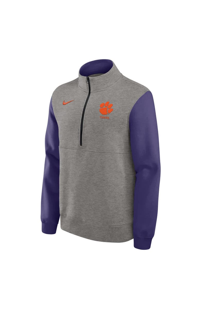 Nike Men's Nike Heather Gray/Purple Clemson Tigers Club Fleece Half-Zip Pullover, Alternate, color, Heather Gray