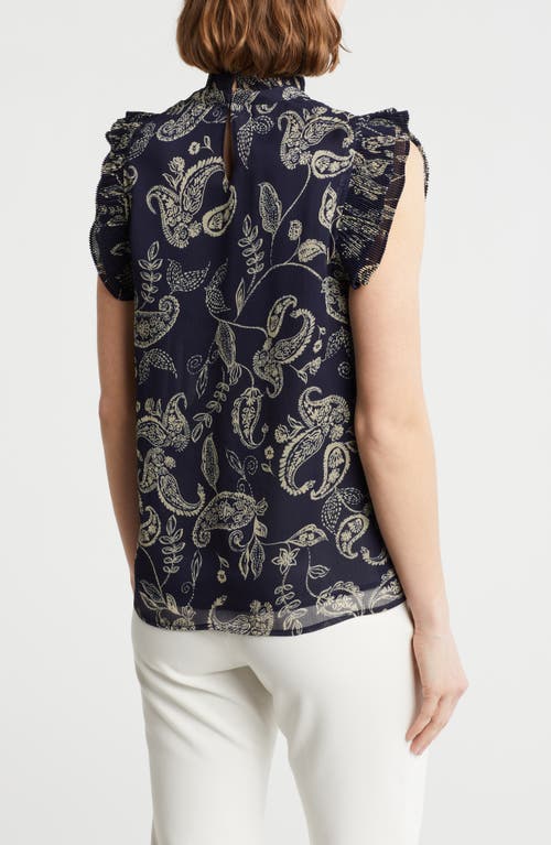 T Tahari Ruffle Cap Sleeve Top In Deep Navy/white Paisley