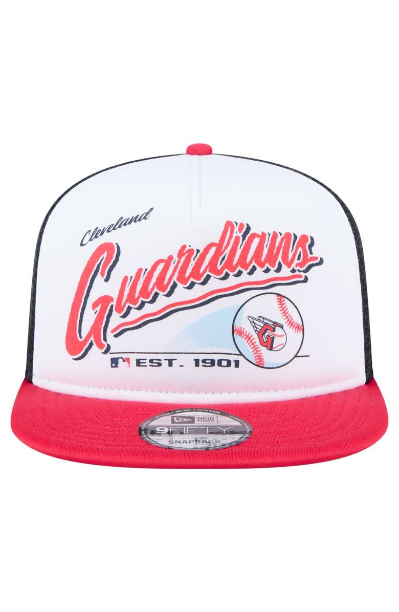 New Era Men's New Era White/Red Cleveland Guardians Retro Script Trucker 9FIFTY Snapback Hat, Alternate, color, White