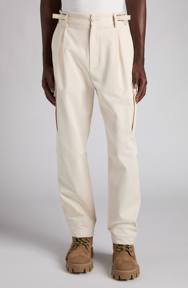 Moncler Pleated Cotton Stretch Twill Cargo Trousers, Main, color, Baby Powder