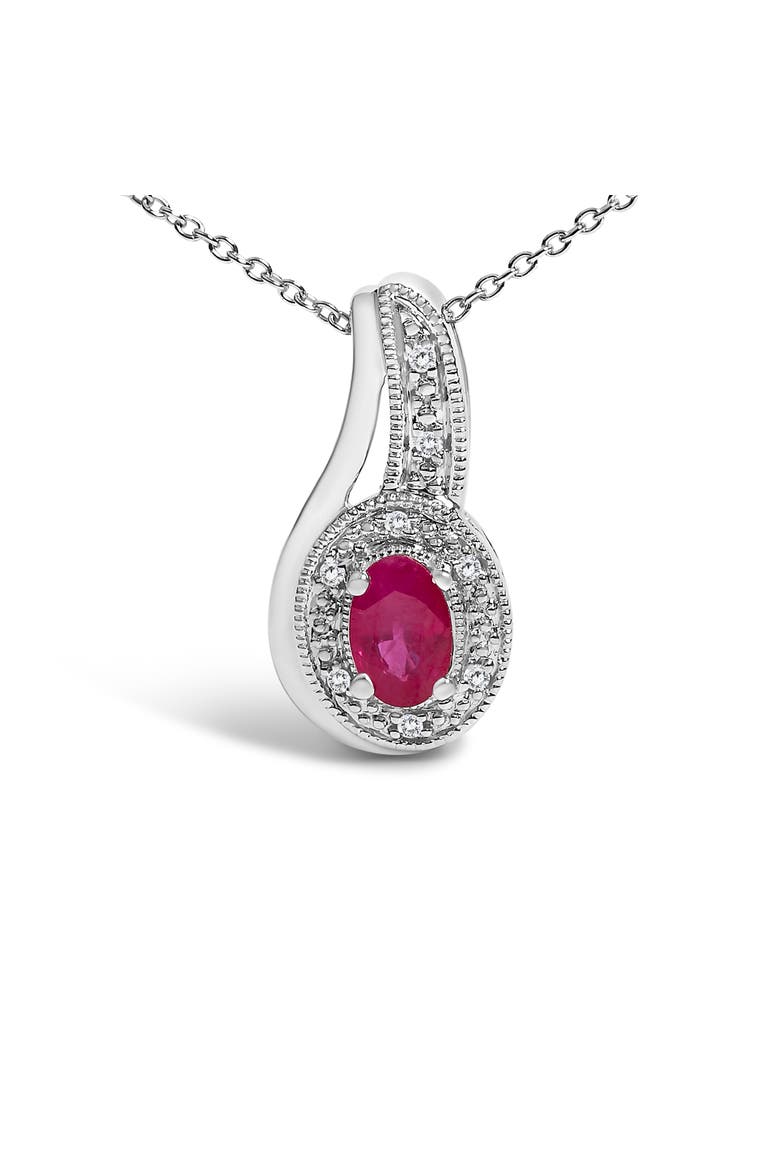 Silver Red Ruby and Diamond Accent Milgrain Swirl Pendant Necklace, Alternate, color, White