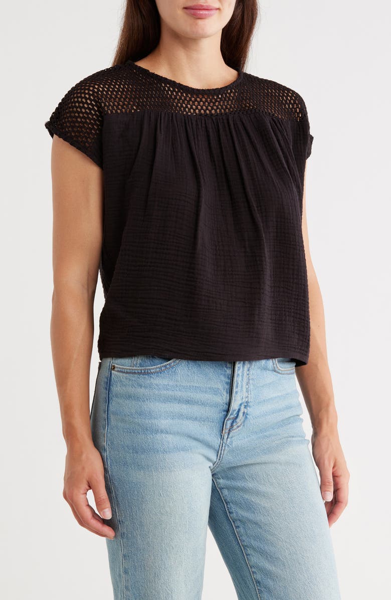 CHELSEA AND THEODORE Open Stitch Short Sleeve Top, Main, color, Black