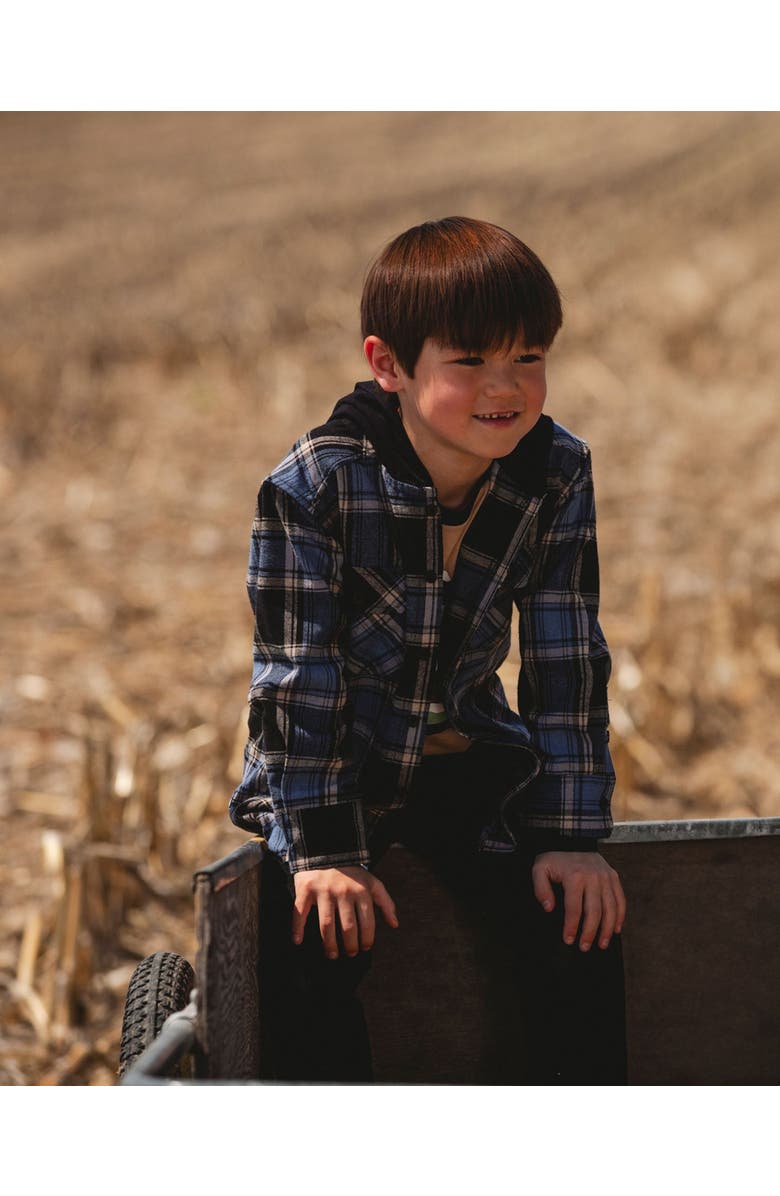 Deux par Deux Long Sleeve Hooded Flannel Shirt, Main, color, Blue And Black