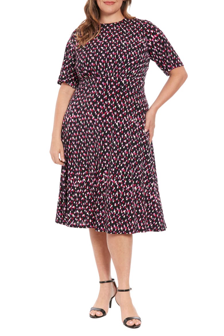 Elbow Sleeve Fit & Flare Midi Dress, Main, color, BLACK/ ORCHID