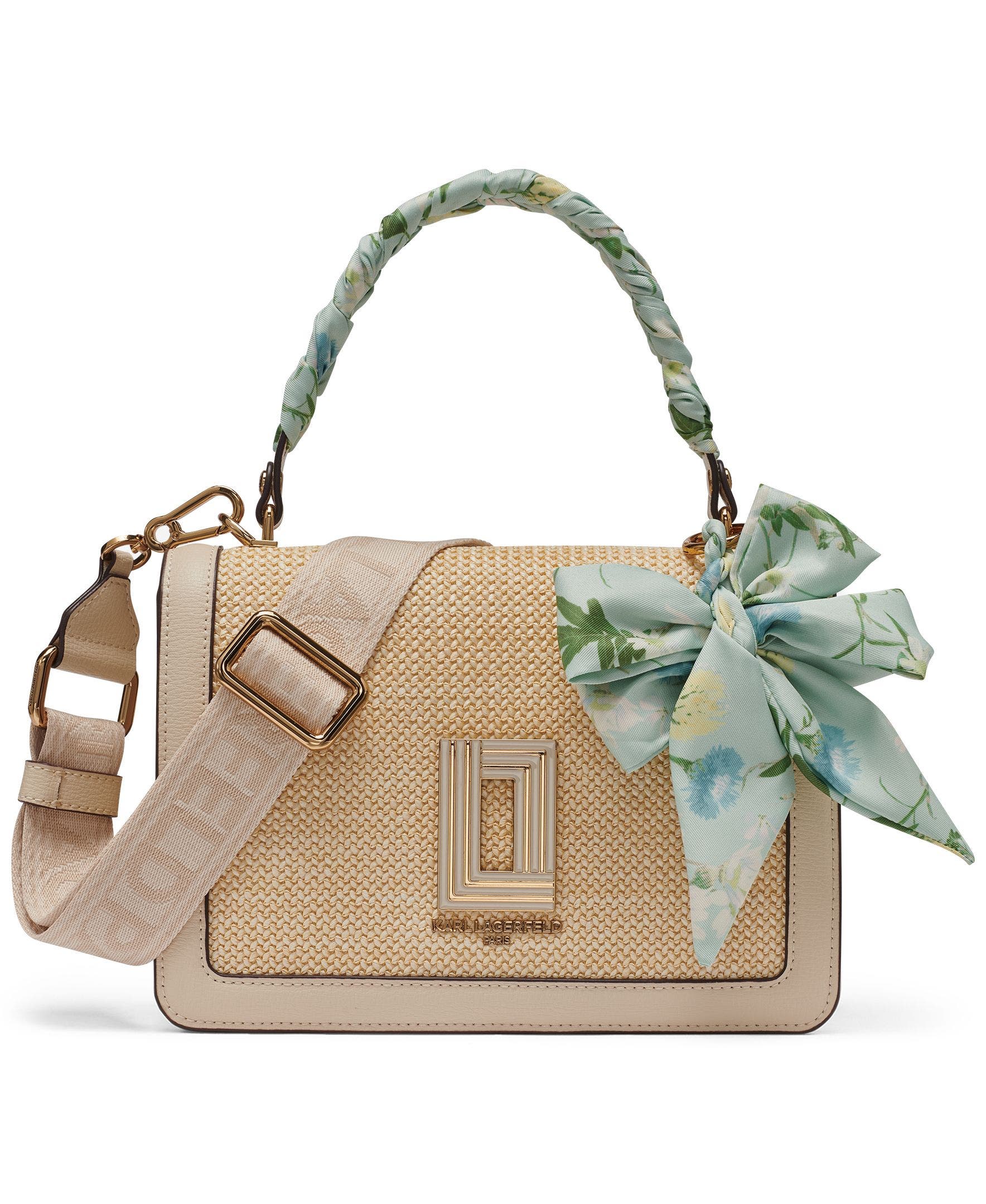 KARL LAGERFELD PARIS Simone Raffia+Scarf Satchel, Main, color, Neutral