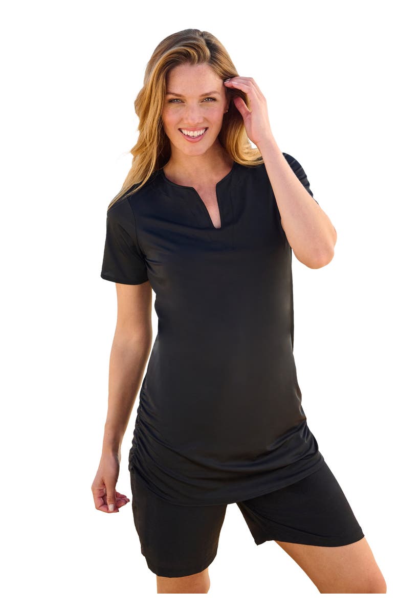 Swim 365 Split-Neck Short Sleeve Swim Tee with Built-In Bra, Main, color, Black