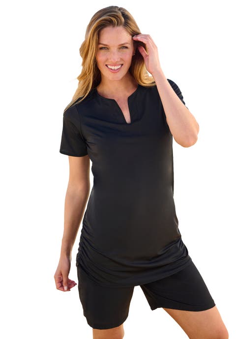 Split-Neck Short Sleeve Swim Tee with Built-In Bra