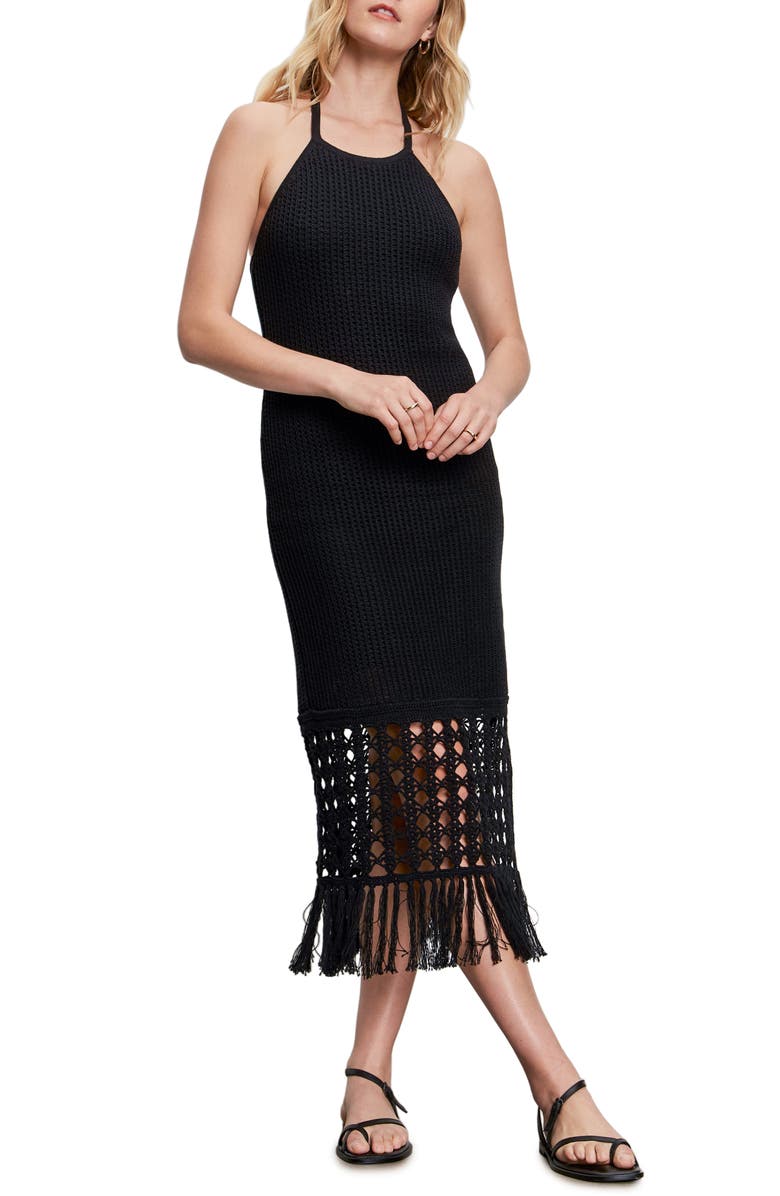 Sanctuary Promenade Open Stitch Detail Halter Neck Cotton Sweater Dress, Alternate, color, Black