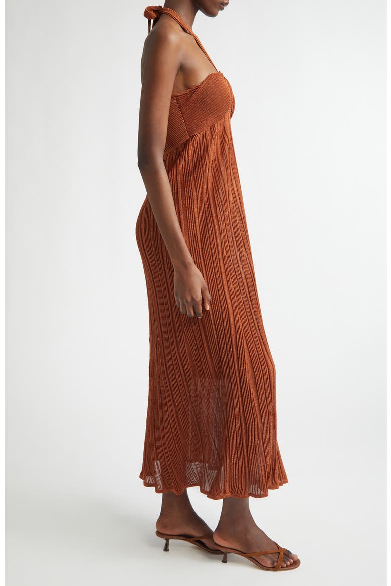 Indra Pleated Metallic Knit Halter Dress, Alternate, color, METALLIC TAN