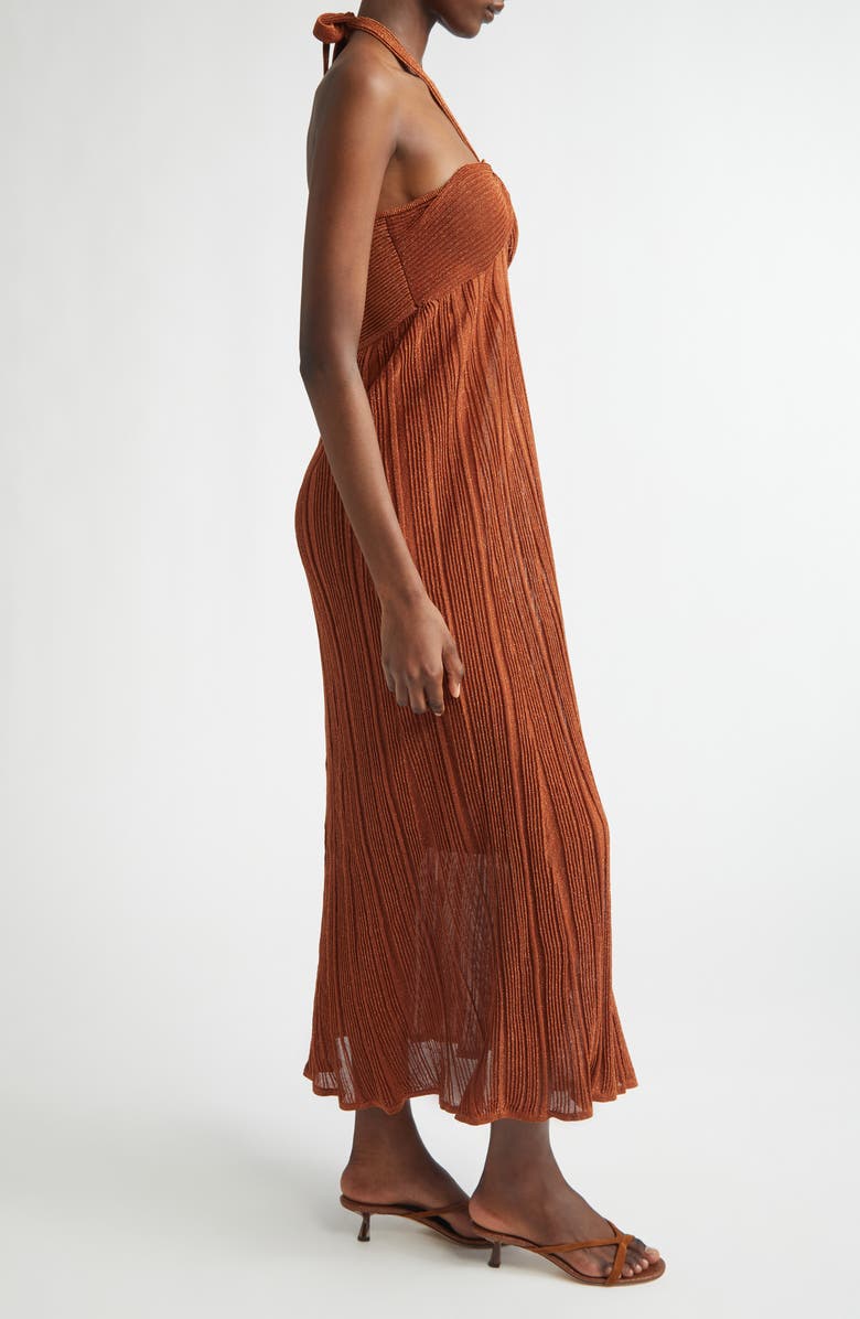 Zimmermann Indra Pleated Metallic Knit Halter Dress, Alternate, color, Metallic Tan