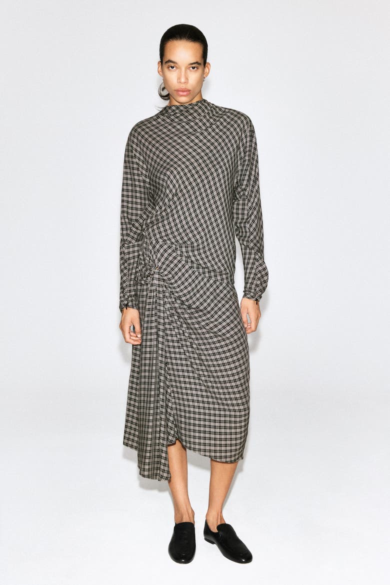 Draped Checked Midi Skirt, Main, color, GRAY / CHECKED