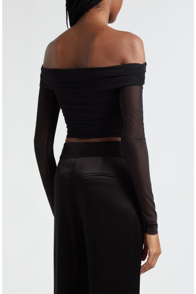 Isadola Ruched Off the Shoulder Mesh Crop Top, Alternate, color, BLACK