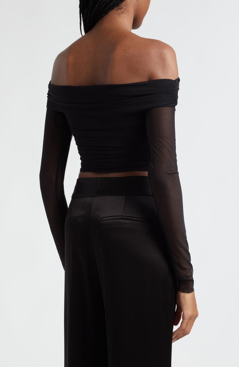 Alice + Olivia Isadola Ruched Off the Shoulder Mesh Crop Top, Alternate, color,