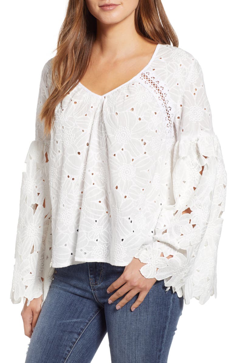 KAS New York Murielle Bell Sleeve Eyelet Blouse, Main, color, 