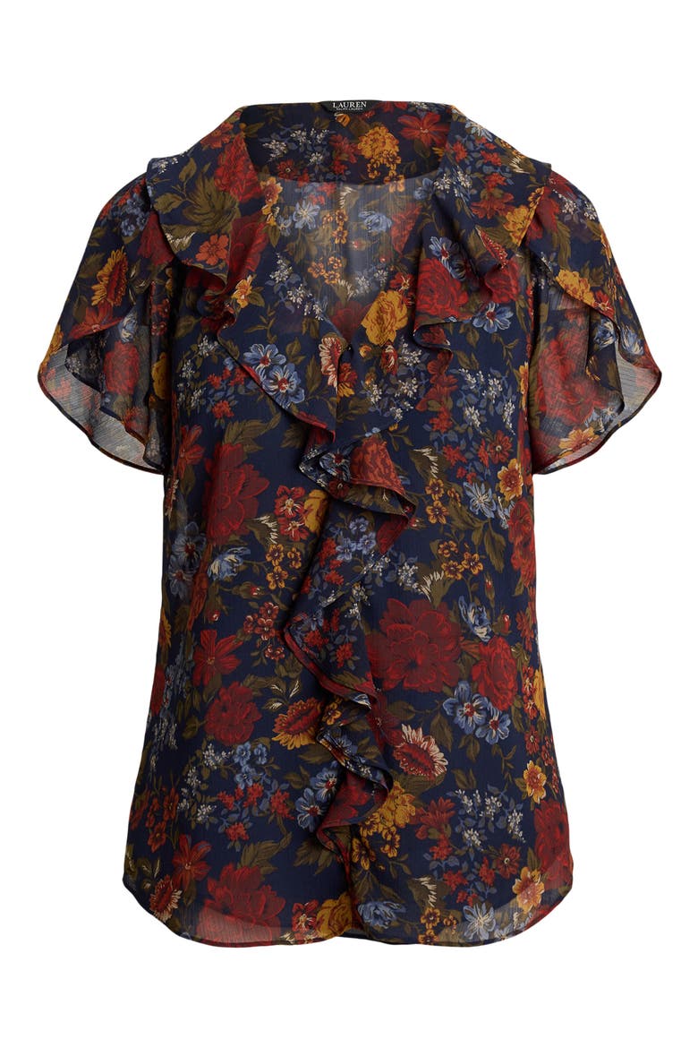 Floral Ruffle Accent Top, Alternate, color, NAVY MULTI