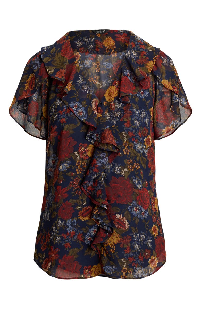 Lauren Ralph Lauren Floral Ruffle Accent Top, Alternate, color, Navy Multi