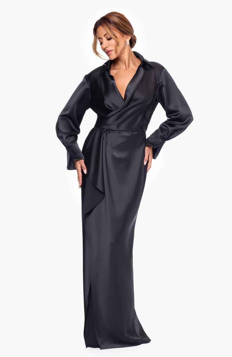 Xscape Evenings Collar Long Sleeve Satin Gown, Alternate, color, Black