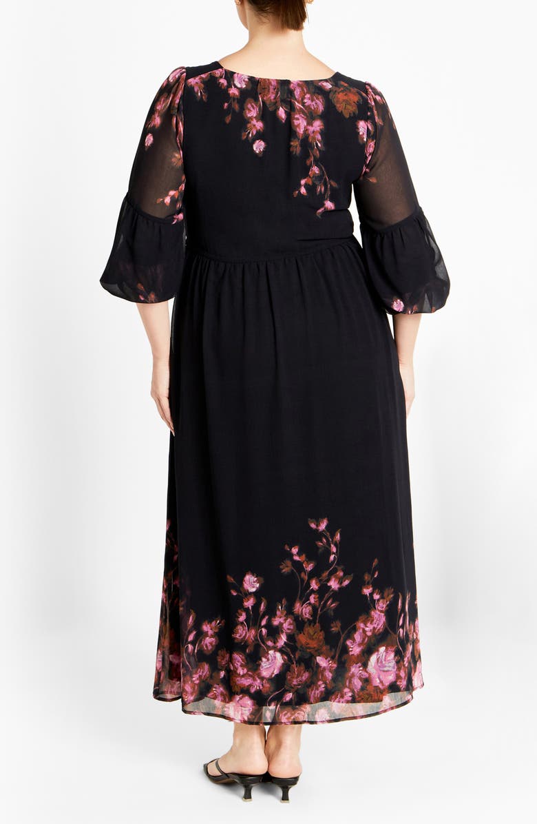 City Chic Frances Floral Semi Sheer Sleeve Maxi Dress, Alternate, color, Black Floral