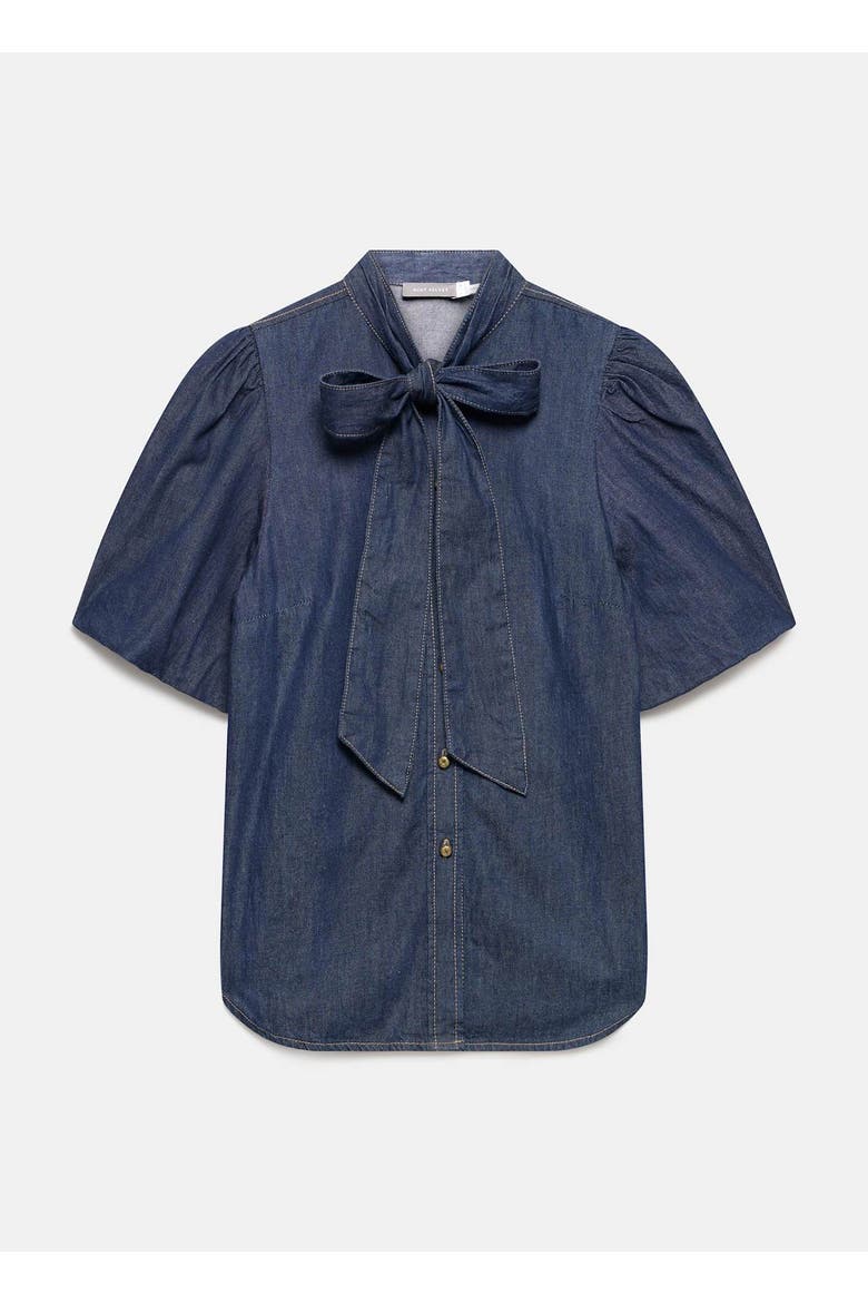 Puff Sleeve Denim Shirt, Alternate, color, Navy