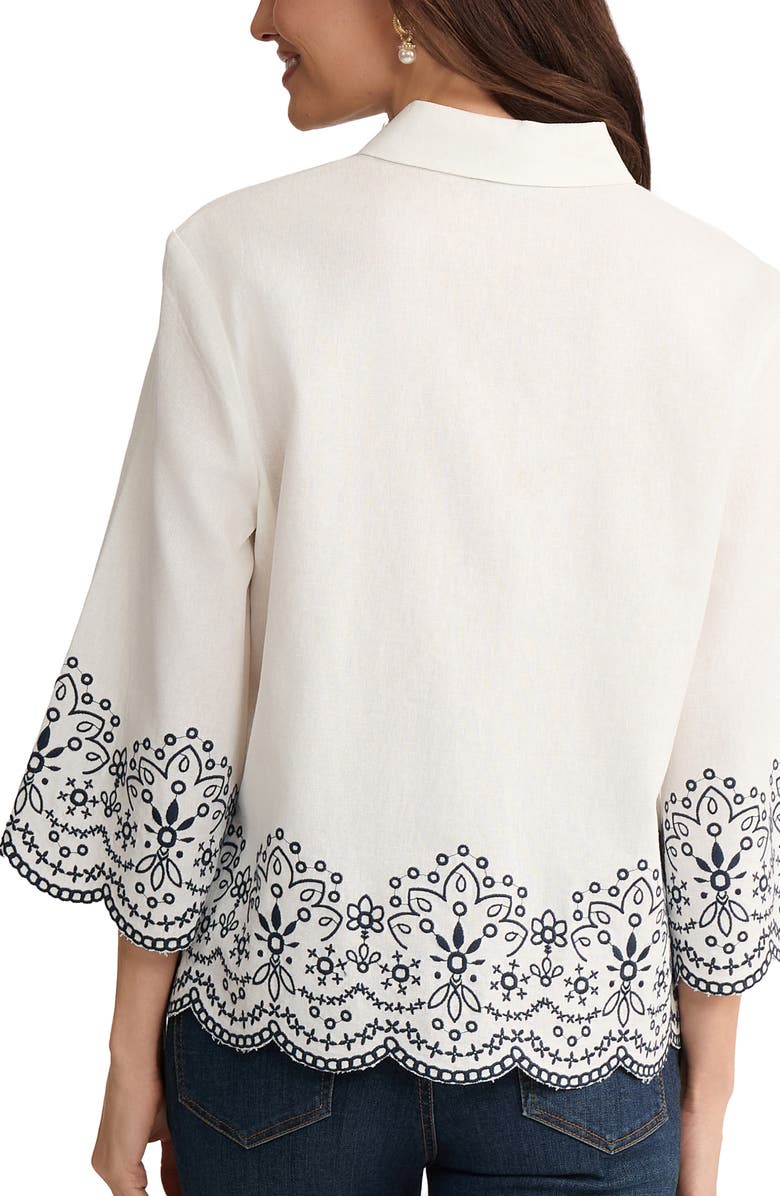 Jones New York Embroidered Linen Blend Shirt, Alternate, color, Natural White/ Pacific Navy